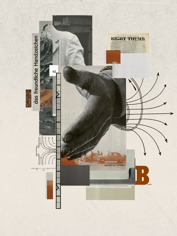 Collage featuring a black-and-white hand, layered paper fragments, diagram arrows, and brown geometric elements on a light textured friendship collage illustration, digital collage illustration